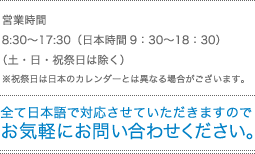 営業時間
8:30～17:30（日本時間9:30～18:30）
（土・日・祝祭日は除く）
※祝祭日は日本のカレンダーとは異なる場合がございます。
全て日本語で対応させていただきますので、お気軽にお問い合わせください。